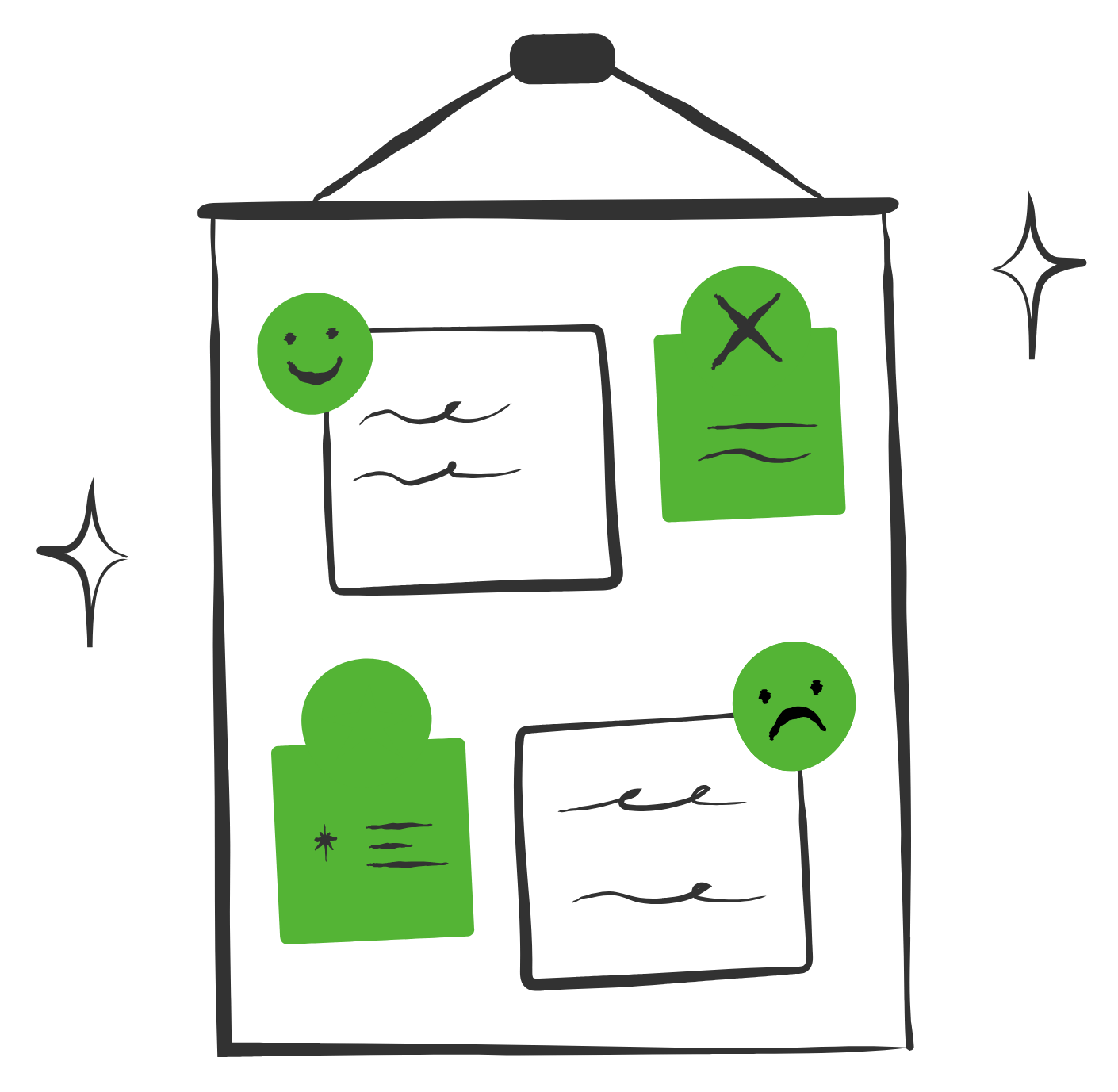 Green clipboard illustration with a strategy document and client profile, representing audits and project briefs.
