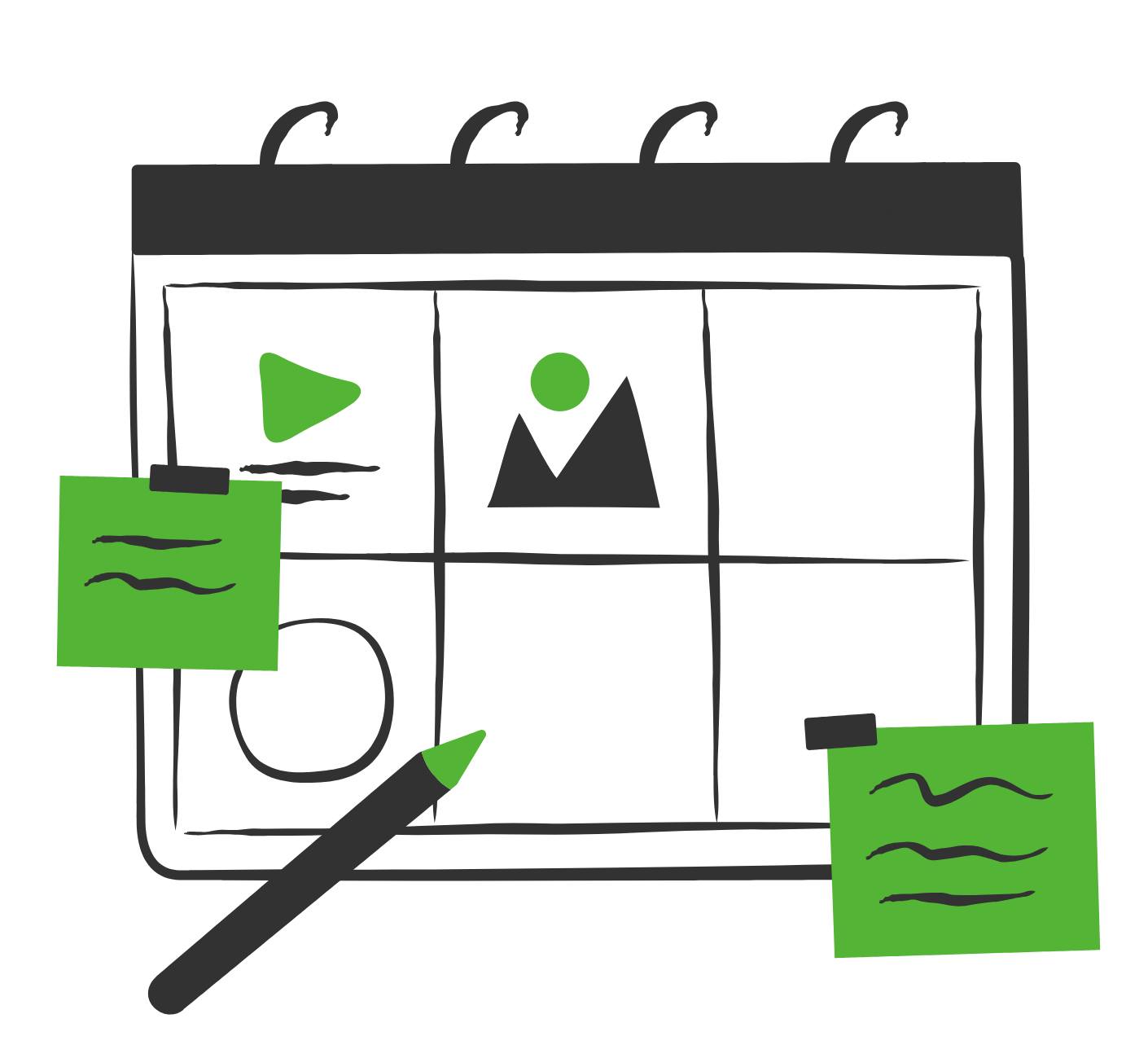 Green calendar illustration with a pencil and sticky notes, representing content planning and editorial schedules.